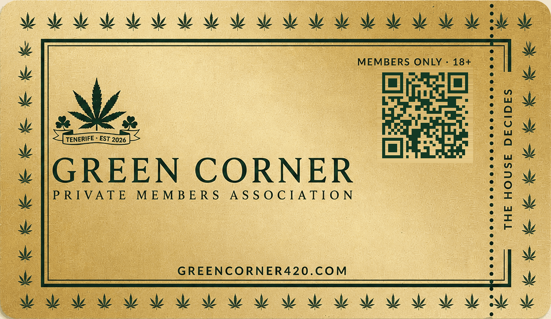 Green Corner golden member card — private members association, Tenerife, members only 18+, greencorner420.com