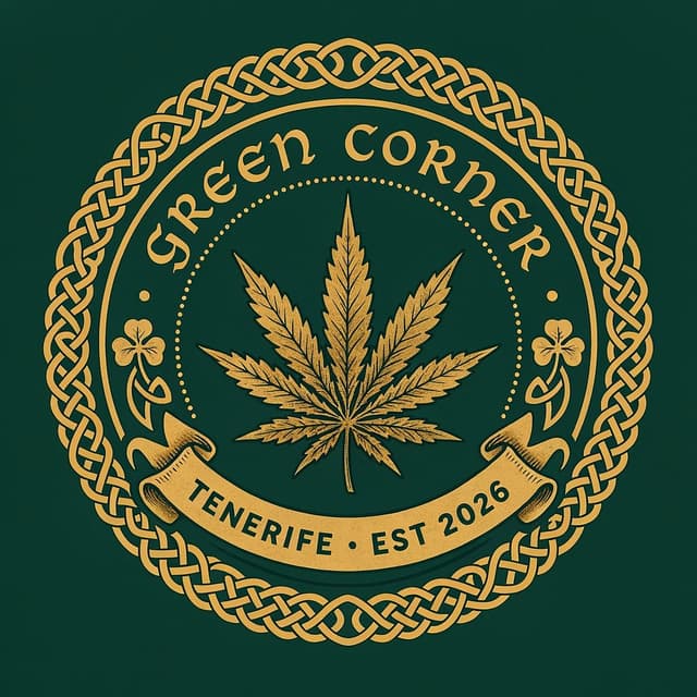 Green Corner crest — a gold Celtic knot ring around a leaf, Tenerife, est. 2026